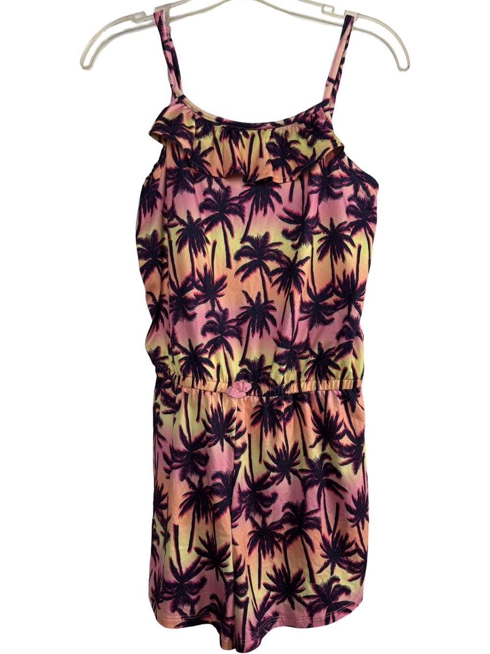 Wonder Nation Girls Tropical Palm Tree Sunset Romper pink/yellow XL 14/16